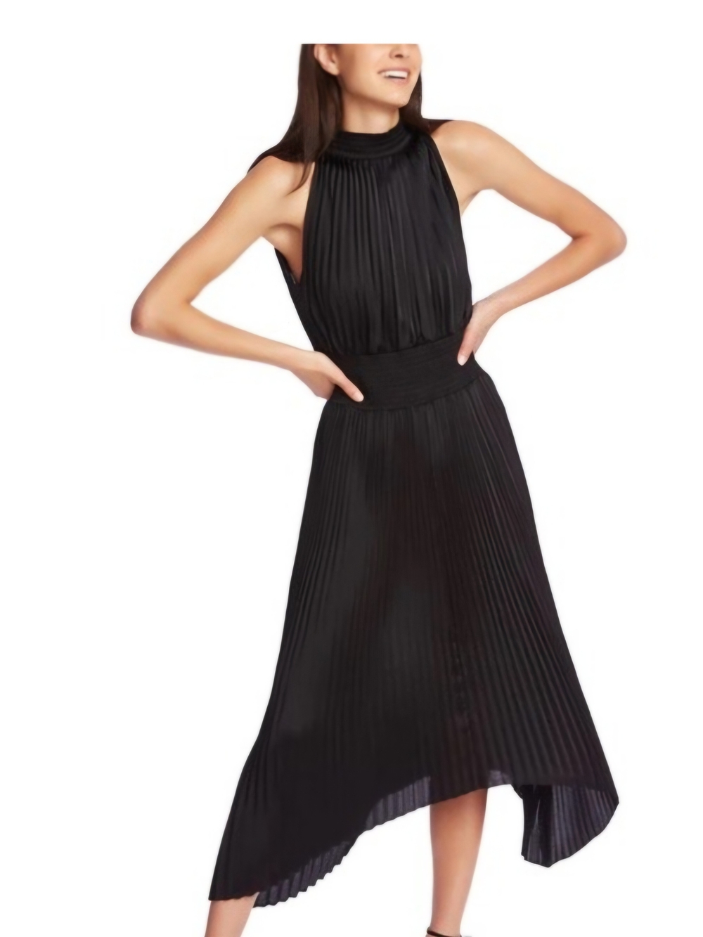 1. State Mock Neck Pleated Asymmetrical Midi Dress